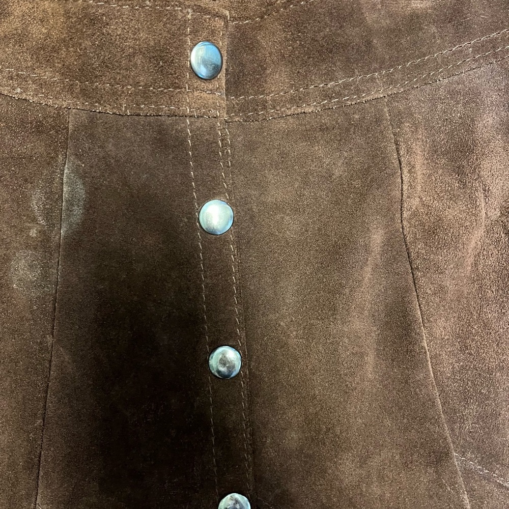 Vintage 1970 Bergman’s brown leather suede A line pleated  button front … - Picture 2 of 12